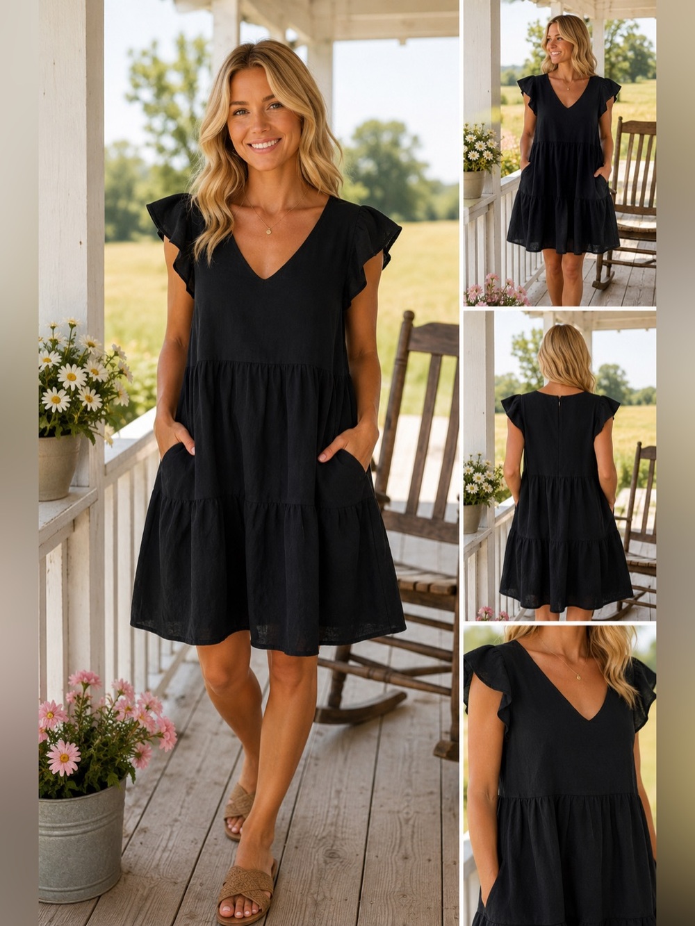 Goodthreads Black Linen Blend Tiered Mini Dress Flutter Sleeve Pockets XL Boho
